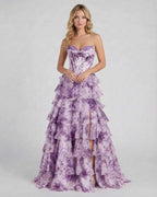 Amethyst Maxi Dress by Lauven, a stunning purple floral tiered chiffon prom dress with a strapless corset bodice.