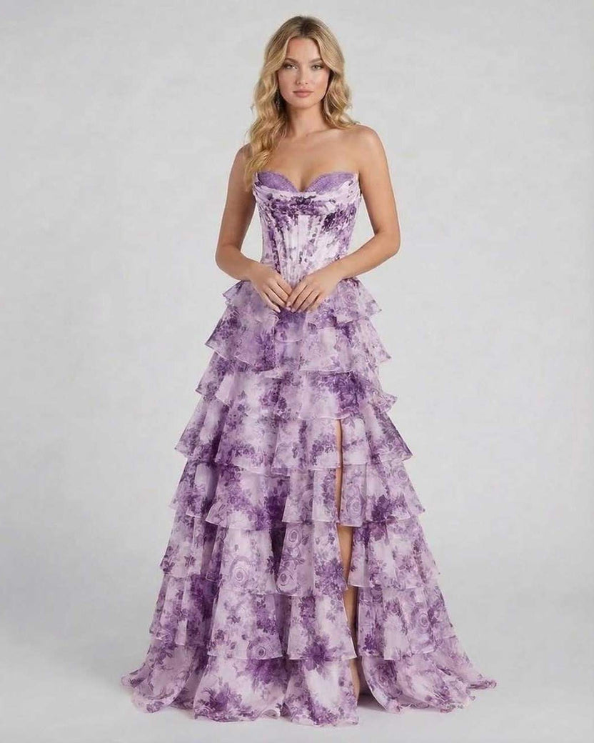 Amethyst Maxi Dress by Lauven, a stunning purple floral tiered chiffon prom dress with a strapless corset bodice.