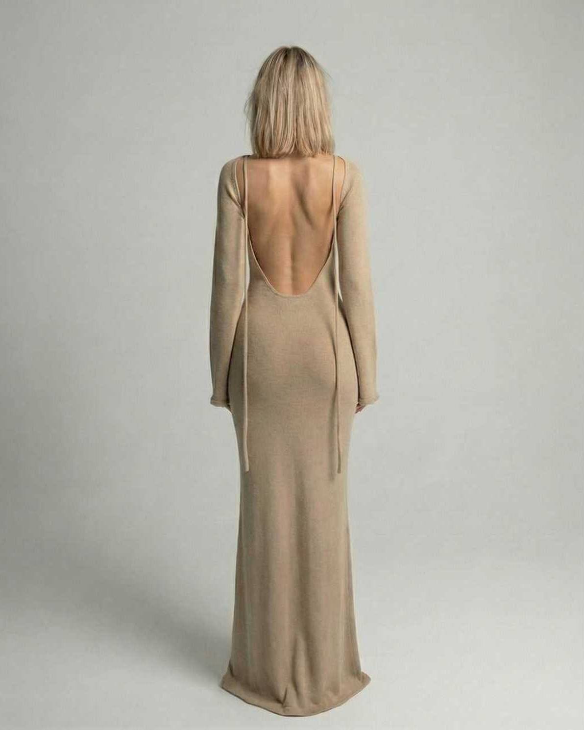Arden Maxi Dress featuring a beige A-Line silhouette, flare sleeves, and a graceful full-length structure by Lauven.
