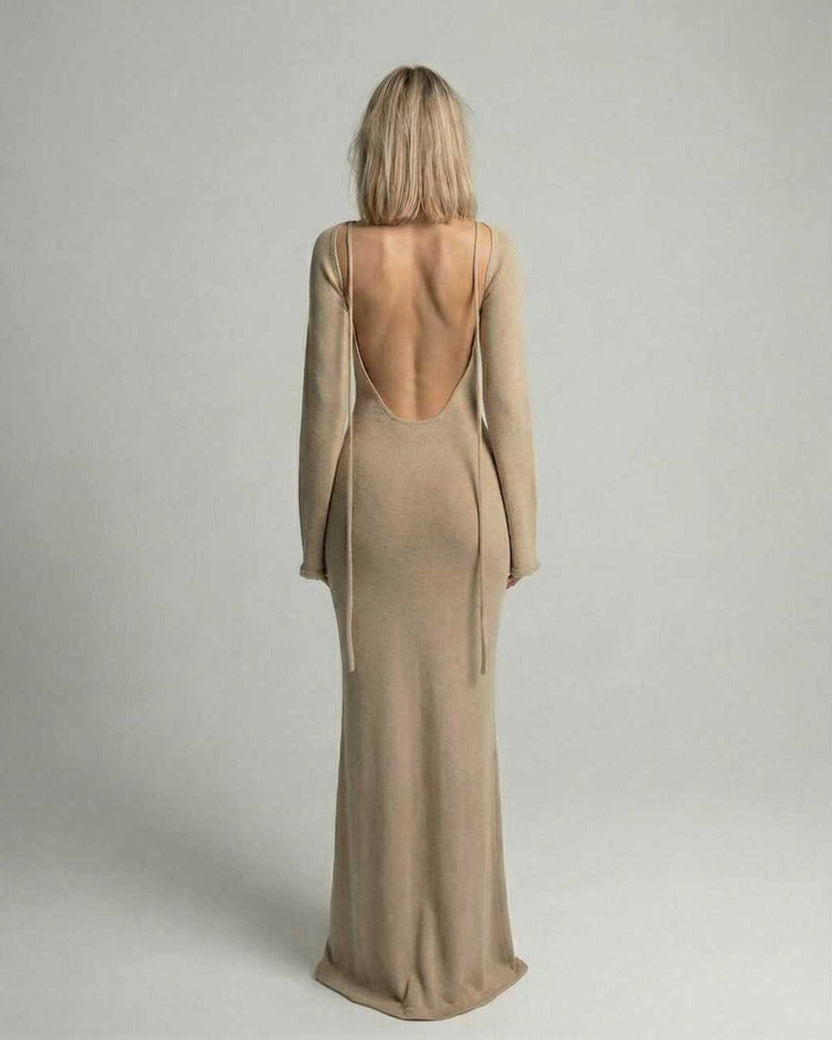 Arden Maxi Dress featuring a beige A-Line silhouette, flare sleeves, and a graceful full-length structure by Lauven.