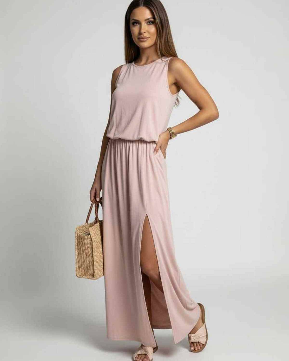 Arden Maxi Dress in blush pink, sleeveless with side slit, by Lauven, offering effortless elegance and comfort.