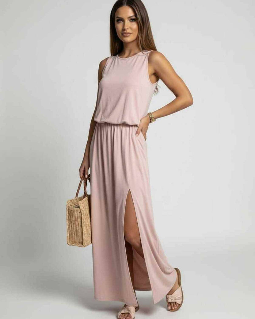 Arden Maxi Dress in blush pink, sleeveless with side slit, by Lauven, offering effortless elegance and comfort.