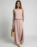 Arden Maxi Dress blush pink sleeveless silhouette and side slit by Lauven for an elegant summer look.