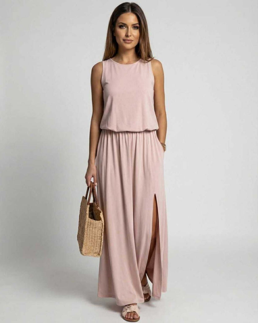 Arden Maxi Dress blush pink sleeveless silhouette and side slit by Lauven for an elegant summer look.