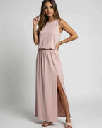 Arden Maxi Dress in blush pink, sleeveless with side slit, designed by Lauven for effortless elegance.