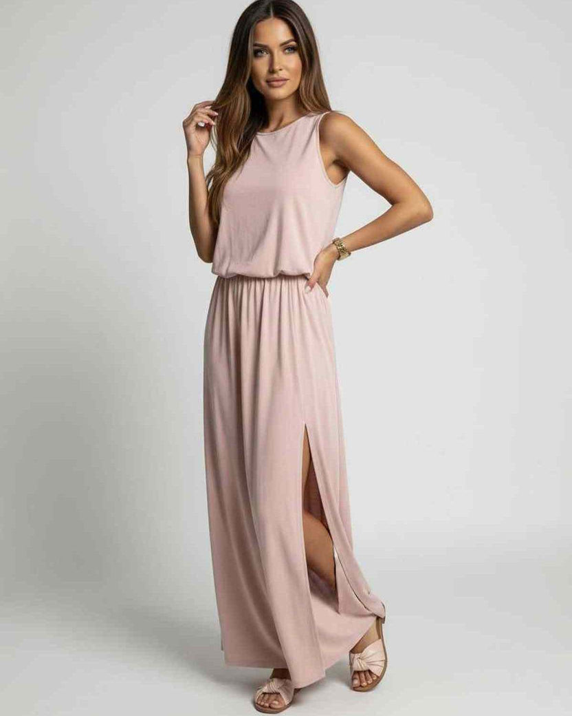Arden Maxi Dress in blush pink, featuring sleeveless design and side slit, by Lauven for sleek, effortless style.