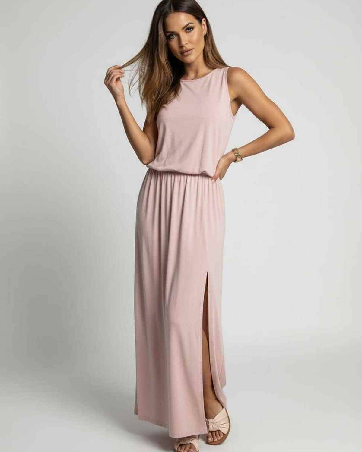 Arden Maxi Dress, blush pink sleeveless, side slit, relaxed silhouette by Lauven for effortless elegance.