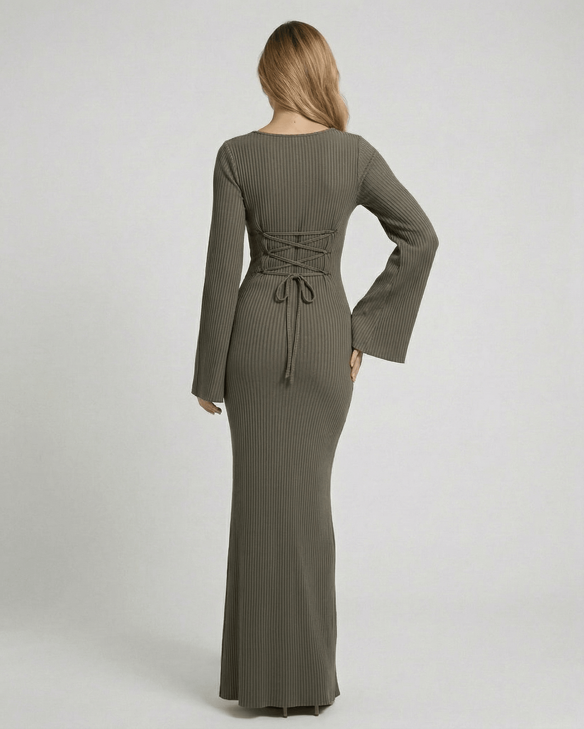 Arden Maxi Dress back view showing ribbed knit, long sleeves, olive grey color, elegant design by Lauven.