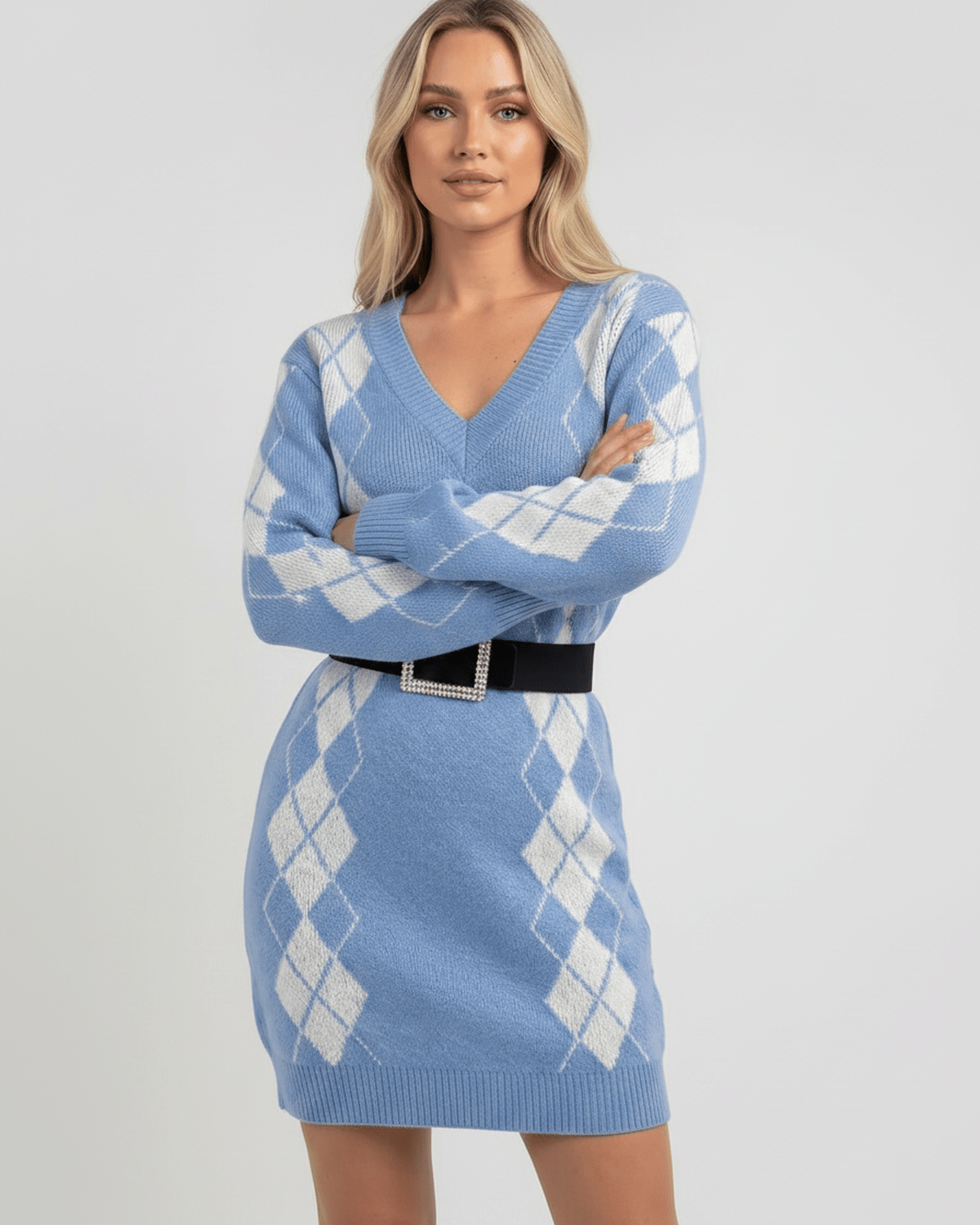 Arden Mini Dress in blue acrylic knit with V-neck, argyle pattern, and cozy feel by Lauven.
