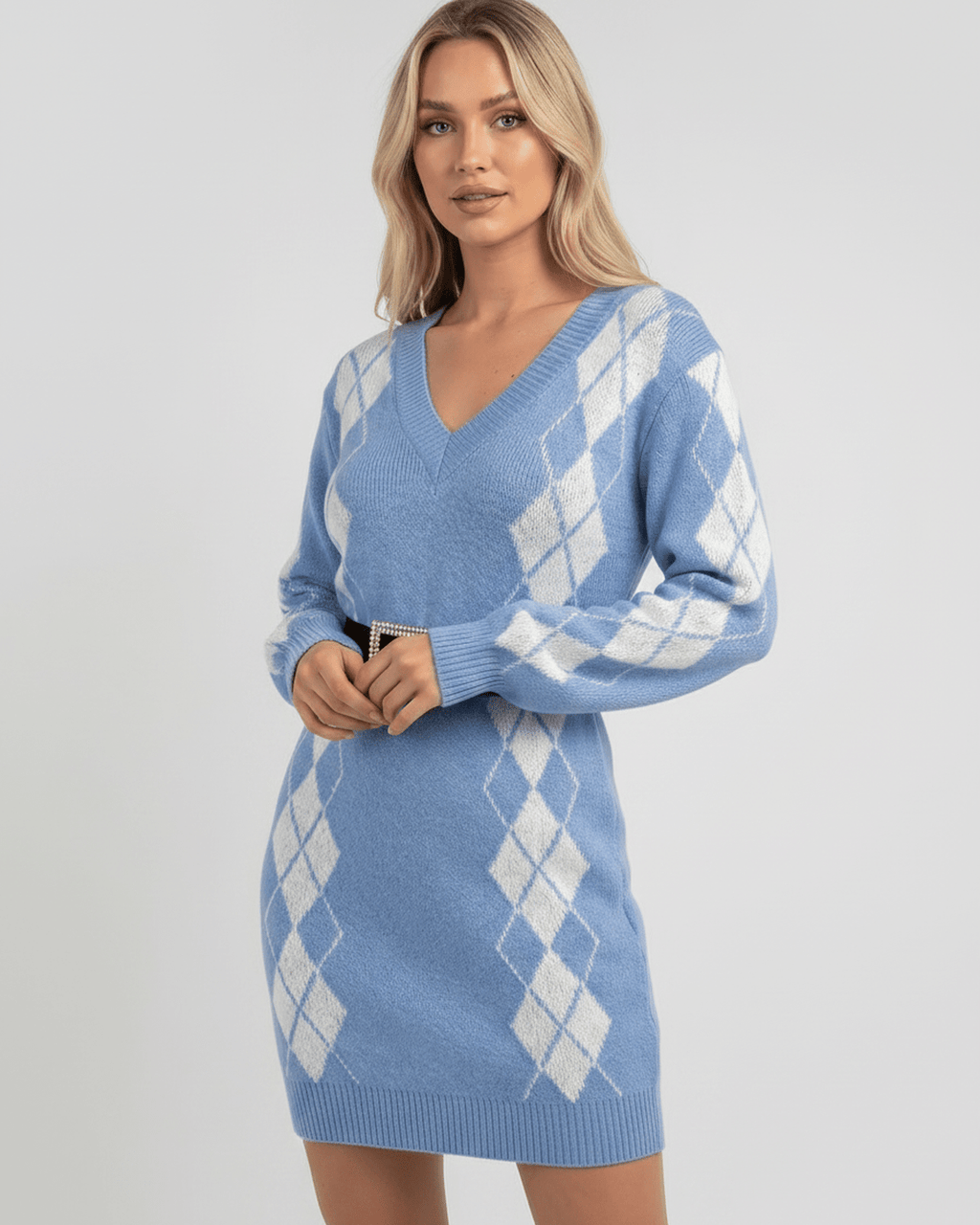 Arden Mini Dress in blue acrylic knit, featuring a V-neck, cozy texture, and argyle pattern by Lauven.