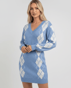 Arden Mini Dress in blue acrylic knit, featuring a V-neck, cozy texture, and argyle pattern by Lauven.