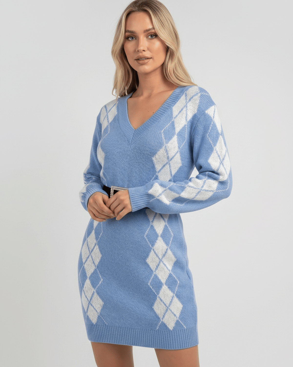 Arden Mini Dress in blue acrylic knit, featuring a V-neck, cozy texture, and argyle pattern by Lauven.