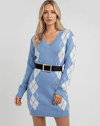 Arden Mini Dress in soft acrylic knit, V-neck, cozy argyle pattern, modern relaxed fit by Lauven.
