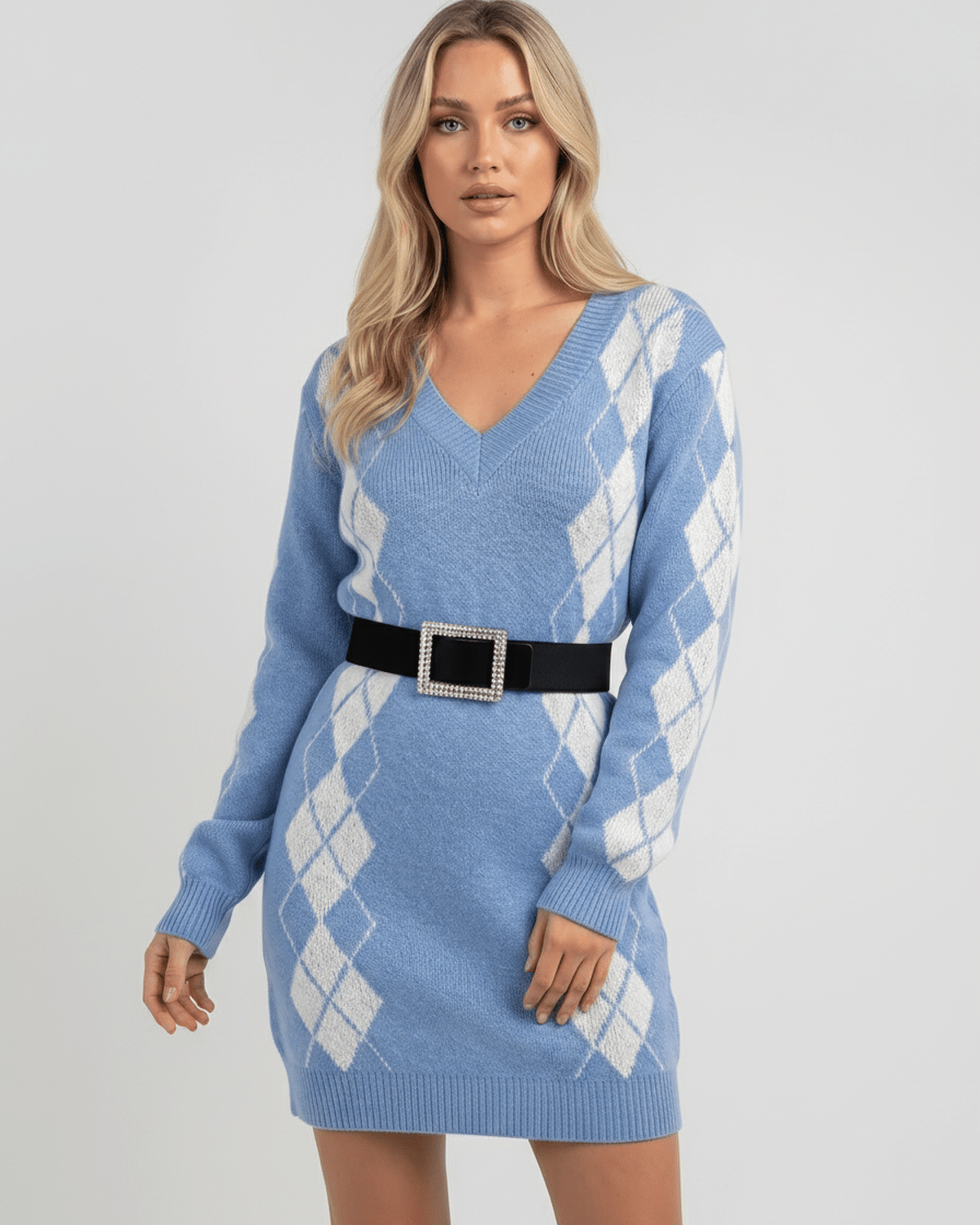 Arden Mini Dress in soft acrylic knit, V-neck, cozy argyle pattern, modern relaxed fit by Lauven.