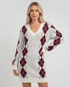 Arden Mini Dress featuring soft acrylic knit, V-neck, argyle pattern, relaxed silhouette by Lauven.