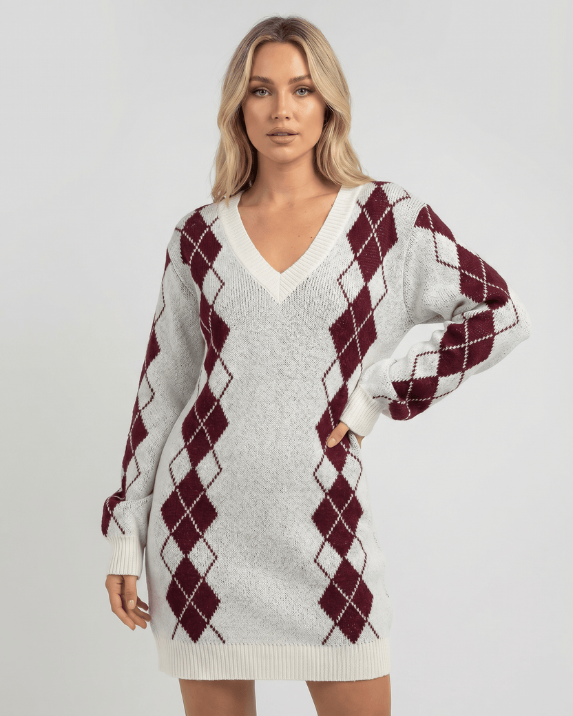 Arden Mini Dress featuring soft acrylic knit, V-neck, argyle pattern, relaxed silhouette by Lauven.