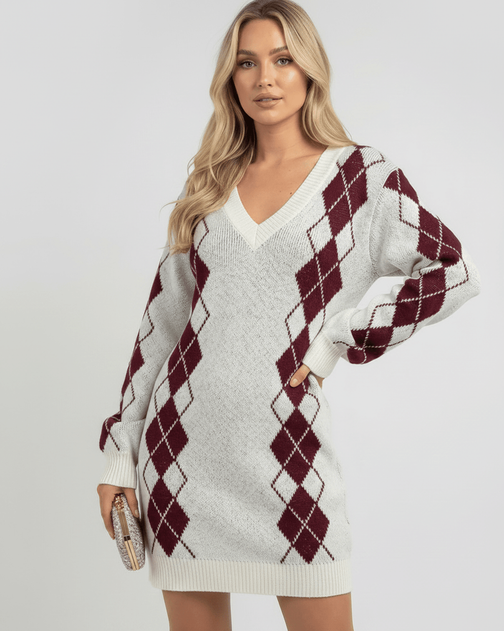 Arden Mini Dress in soft acrylic knit with V-neck, argyle pattern, cozy texture by Lauven.
