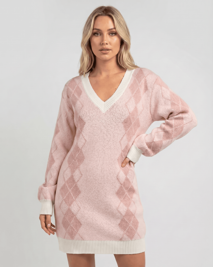Arden Mini Dress by Lauven, soft acrylic knit, V-neck, cozy argyle pattern, relaxed silhouette, versatile and comfortable.