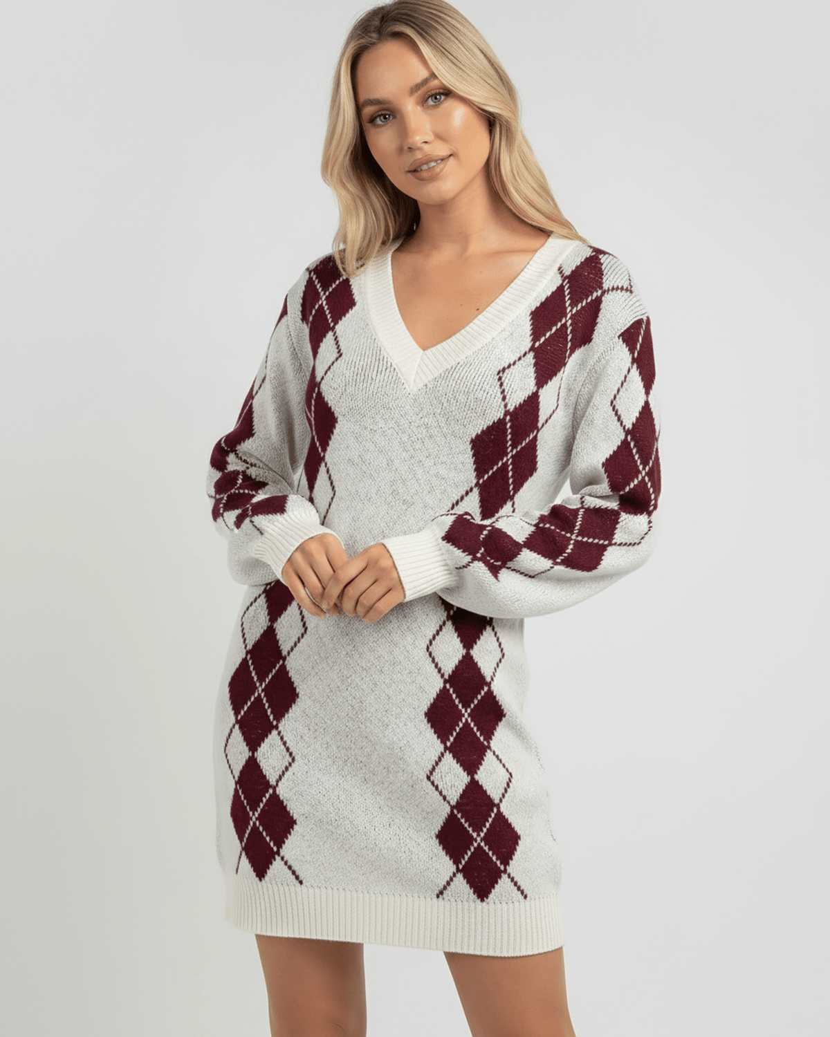Arden Mini Dress by Lauven, V-neck, cozy acrylic knit, argyle pattern, relaxed fit, ideal for seasonal styling.