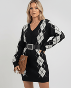 Arden Mini Dress featuring cozy acrylic knit, V-neck, argyle pattern, by Lauven, perfect for versatile seasonal styling.