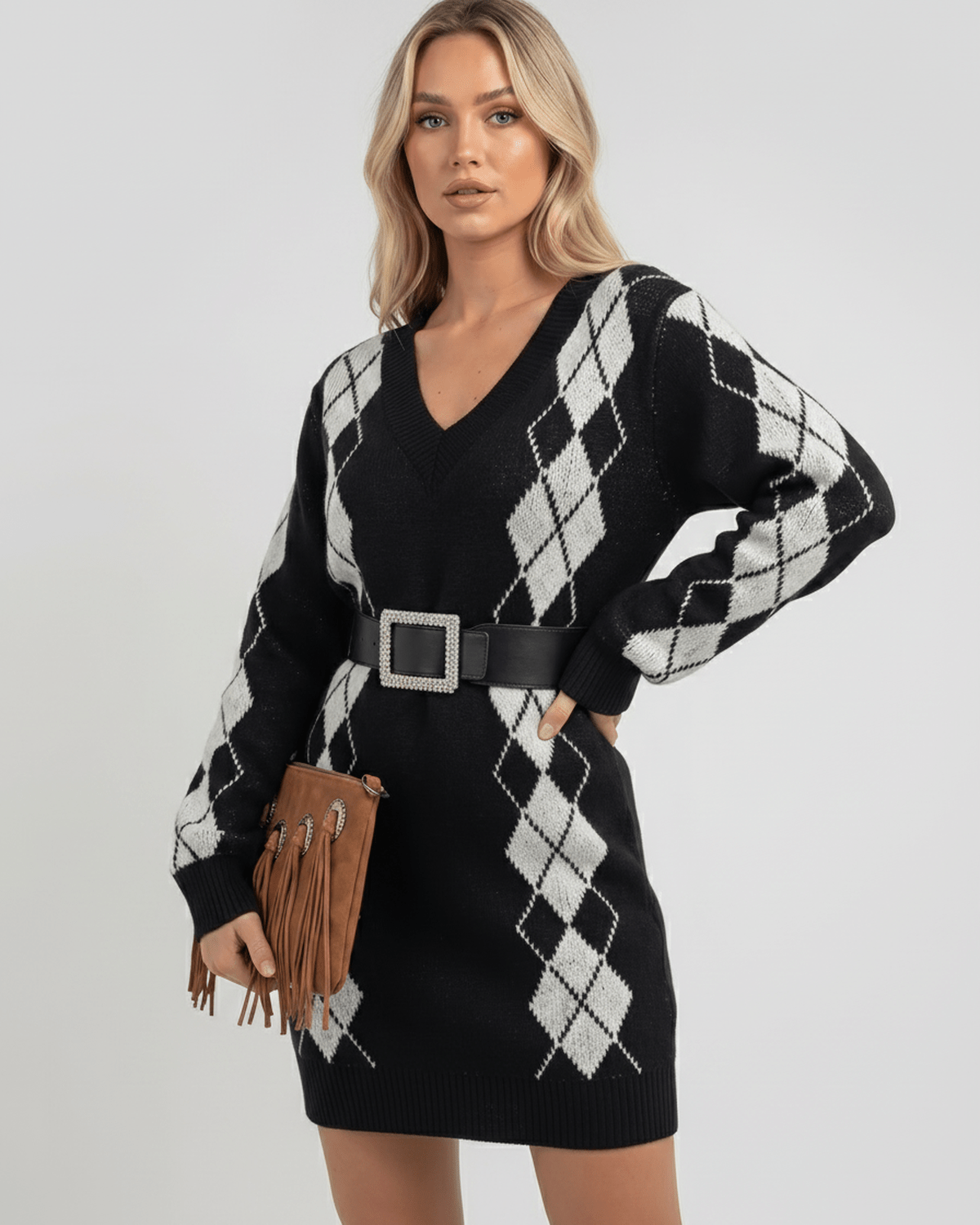 Arden Mini Dress featuring cozy acrylic knit, V-neck, argyle pattern, by Lauven, perfect for versatile seasonal styling.