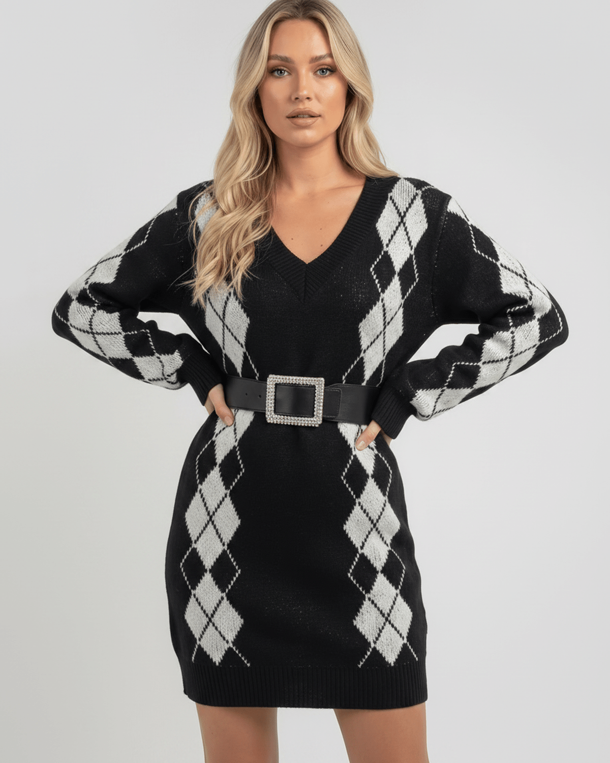 Arden Mini Dress featuring cozy acrylic knit, V-neck, relaxed silhouette, and argyle pattern by Lauven.