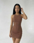 Arden Mini Dress by Lauven, brown ribbed knit sleeveless bodycon style, showcasing modern minimalism.