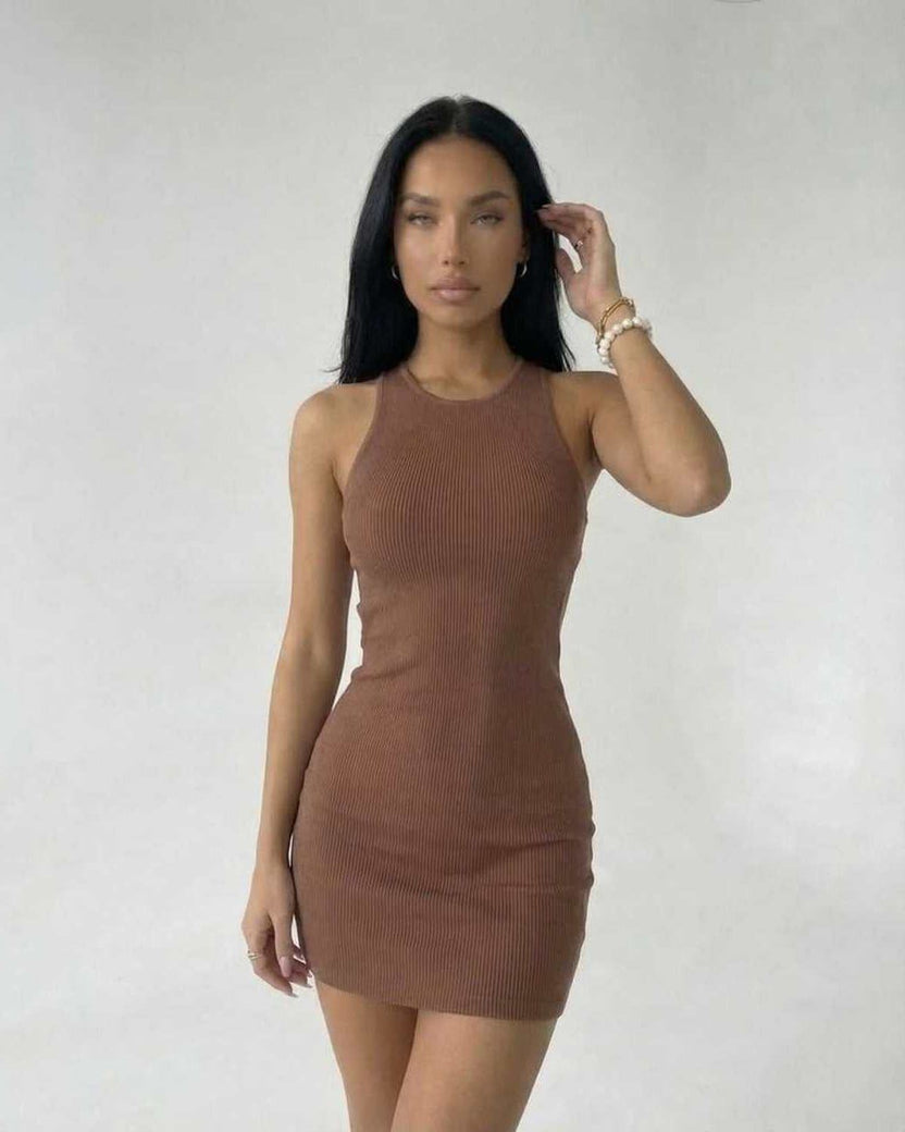Arden Mini Dress by Lauven, brown ribbed knit sleeveless bodycon style, showcasing modern minimalism.