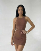 Arden Mini Dress by Lauven, brown ribbed knit sleeveless bodycon mini dress showcasing a smooth silhouette.