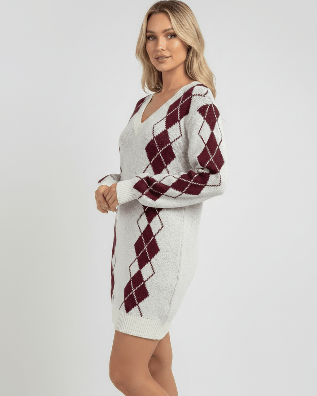 Arden Mini Dress by Lauven, cozy acrylic knit, V-neck, argyle pattern, relaxed fit, stylish and comfortable.