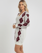 Arden Mini Dress by Lauven, cozy acrylic knit, V-neck, argyle pattern, relaxed fit, stylish and comfortable.
