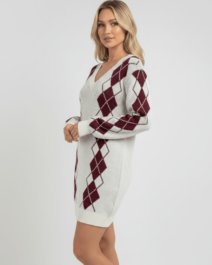 Arden Mini Dress by Lauven, cozy acrylic knit, V-neck, argyle pattern, relaxed fit, stylish and comfortable.