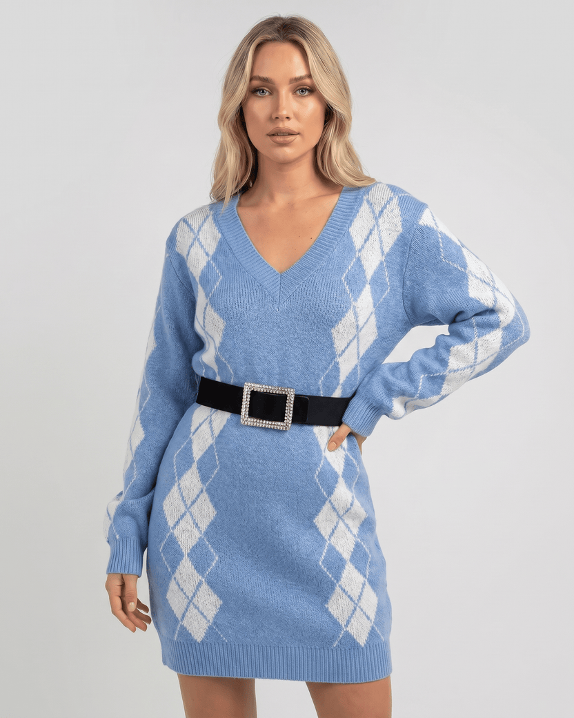 Arden Mini Dress by Lauven, V-neck, cozy acrylic knit, argyle pattern, modern silhouette, stylish comfort.