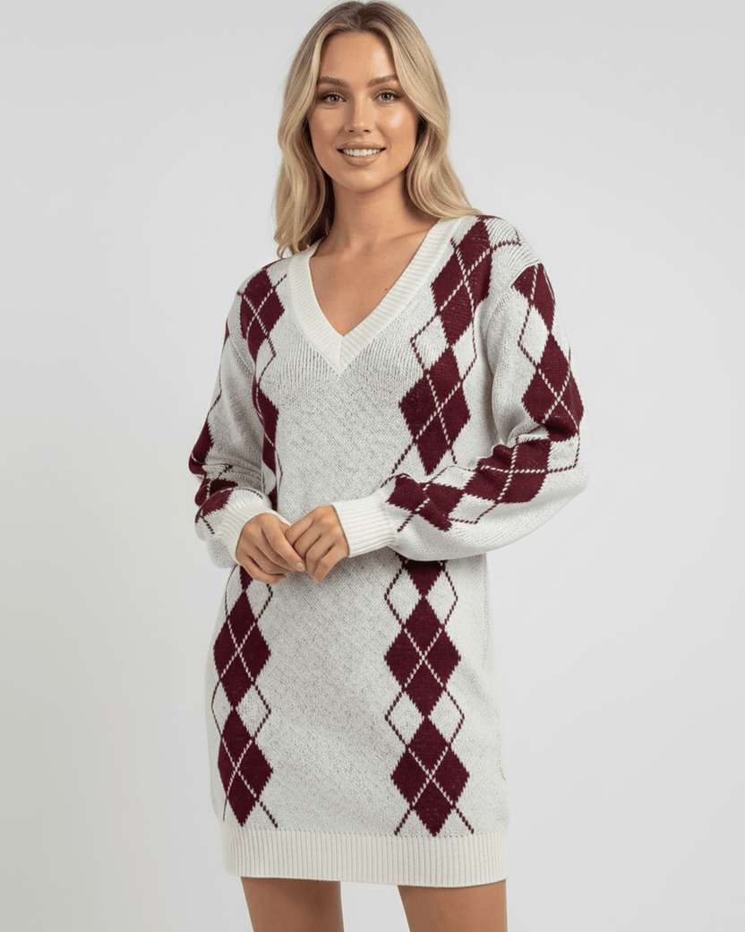 Arden Mini Dress in soft acrylic knit, V-neck, cozy argyle pattern, modern relaxed fit by Lauven.