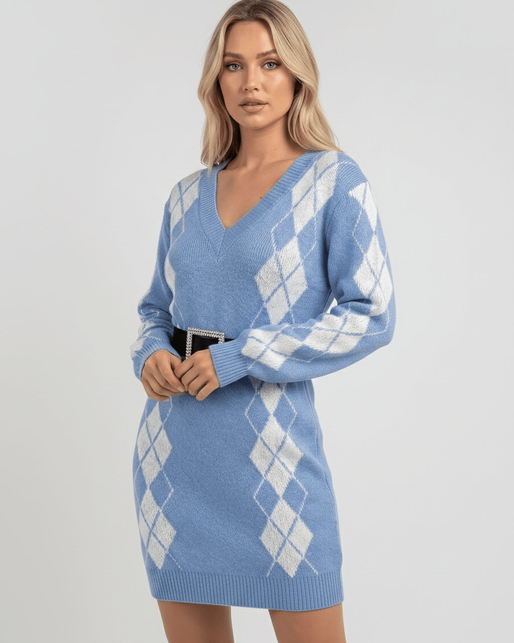 Arden Mini Dress featuring cozy acrylic knit, V-neckline, and ribbed long sleeves by Lauven.