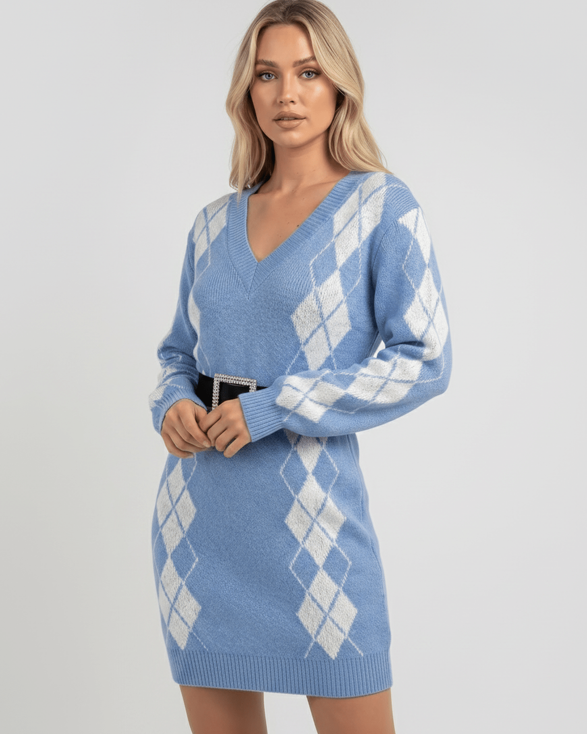 Arden Mini Dress featuring cozy acrylic knit, V-neckline, and ribbed long sleeves by Lauven.
