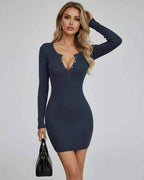 Arden Mini Dress by Lauven - Ribbed Long Sleeve Bodycon Mini Dress in deep navy