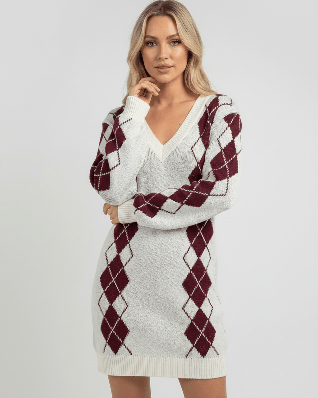 Arden Mini Dress in acrylic knit with V-neck, cozy argyle pattern, modern style, Lauven brand.