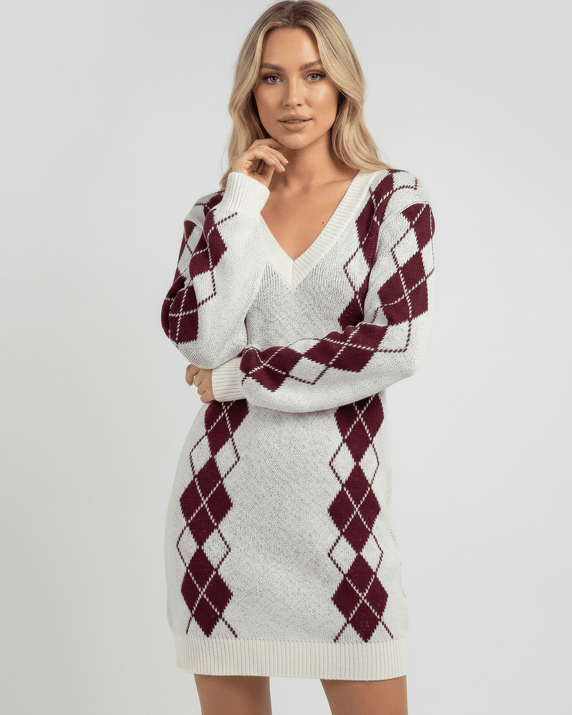Arden Mini Dress in acrylic knit with V-neck, cozy argyle pattern, modern style, Lauven brand.