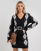 Arden Mini Dress featuring acrylic knit, V-neck, argyle pattern, relaxed silhouette by Lauven.