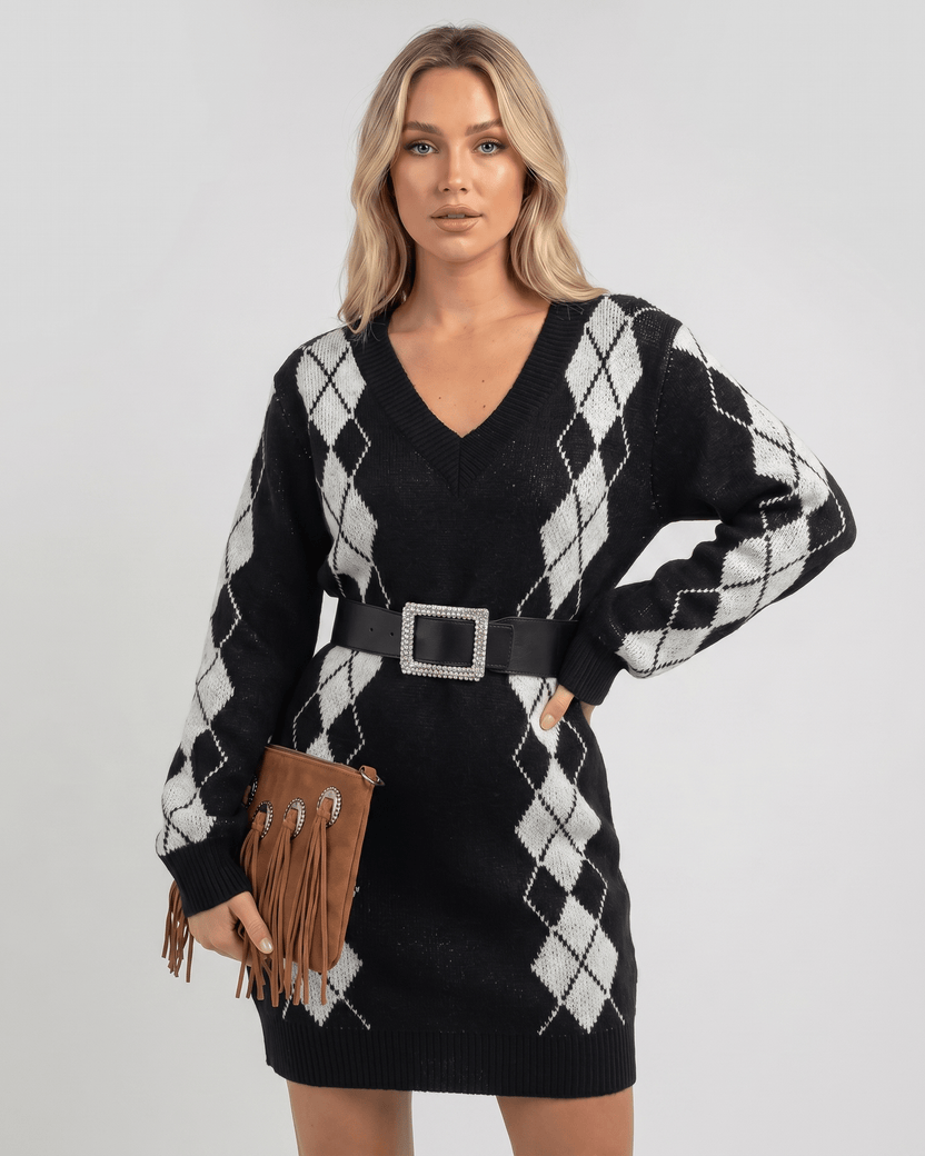 Arden Mini Dress featuring acrylic knit, V-neck, argyle pattern, relaxed silhouette by Lauven.