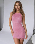 Aria Mini Dress by Lauven - Pink Sequin Sheath Mini Dress with Frayed Hem and Shimmer