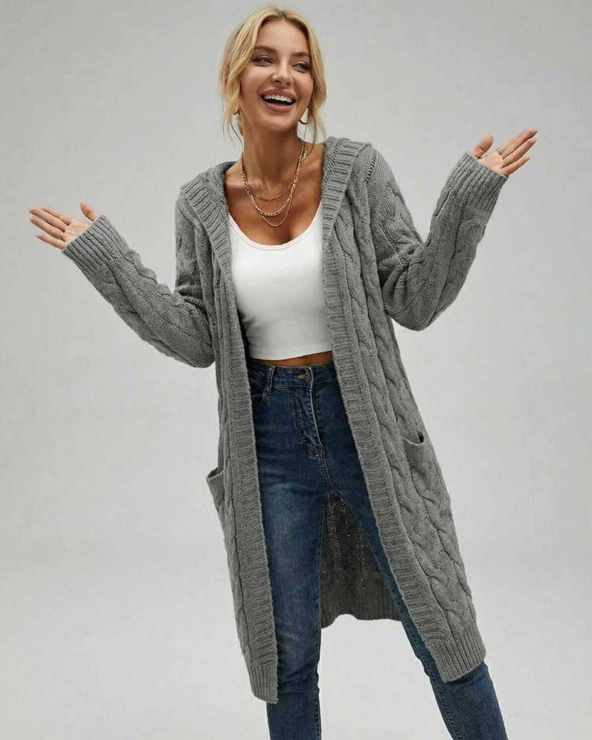 Aspen Cardigan by Lauven - Women’s grey cable knit cardigan sweater perfect for fall and winter layering.