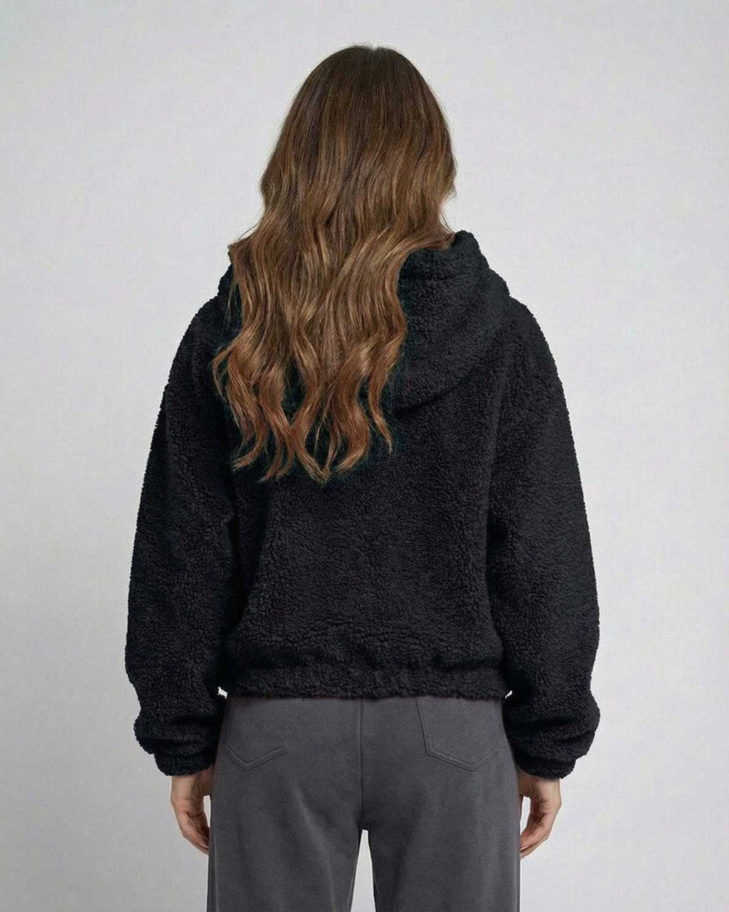 Aspen Jacket by Lauven – Women's black fleece hooded jacket, soft texture, cozy and stylish for layering.