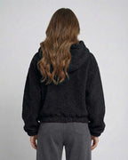 Aspen Jacket by Lauven – Women's black fleece hooded jacket, soft texture, cozy and stylish for layering.