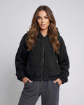 Aspen Jacket by Lauven – Women’s black zip up hooded fleece jacket for modern comfort and style.
