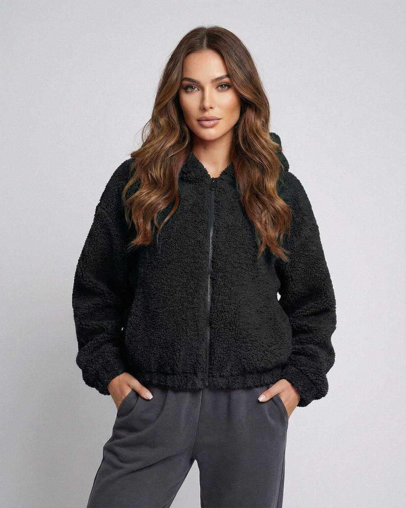Aspen Jacket by Lauven – Women’s black zip up hooded fleece jacket for modern comfort and style.