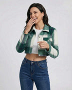 Aspen Jacket by Lauven, women’s green plaid cropped jacket, relaxed loose fit perfect for casual styling.