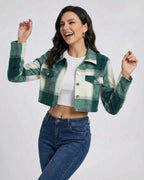 Aspen Jacket by Lauven - Women’s Green Plaid Jacket with Cropped Loose Fit, perfect for casual styling.