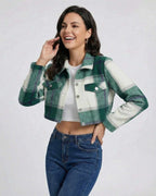 Aspen Jacket by Lauven – Women’s Green Plaid Jacket with Cropped Loose Fit, perfect for streetwear style.